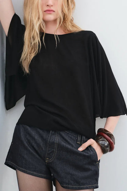 ZARA ZW Collection Flowing Cape Blouse -Black