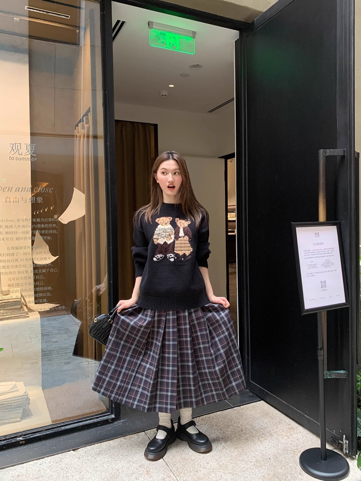 SHEIN Cartoon Bear Embroided loose Sweater -BLACK