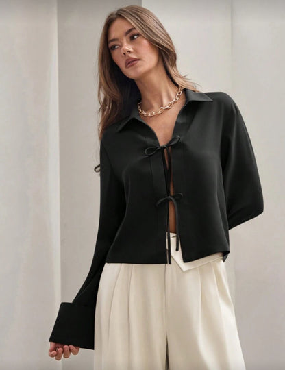 Shein Plian Front Tie Long Sleeve Shirt