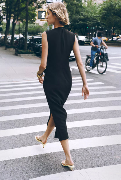 Zara Belted Crepe Midi Dress Black