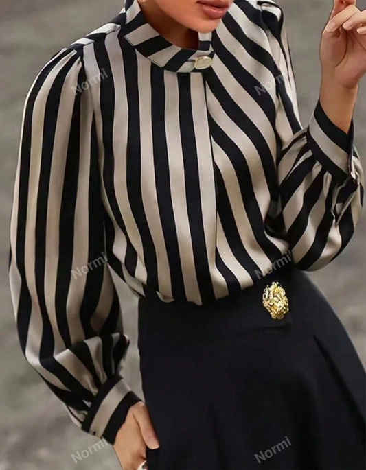 SHEIN  Striped Print Mock Neck Blouse Long Sleeve Top