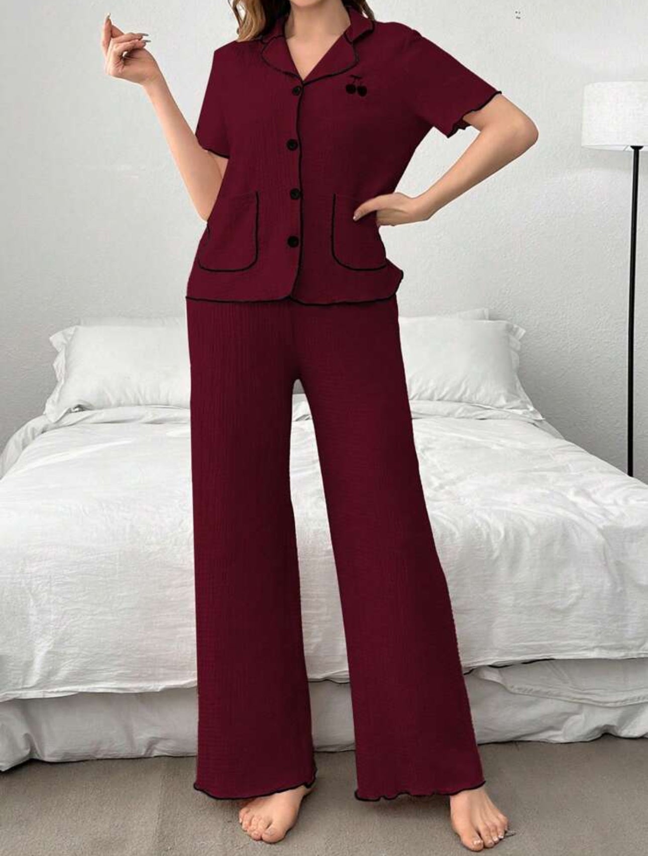 Shein Cherry Embriodery Contrast Trim Short Sleeve Night Suit (Burgundy)