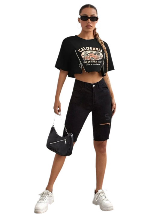SHEIN Coolane Letter Graphic Zip. Detail Crop Tee