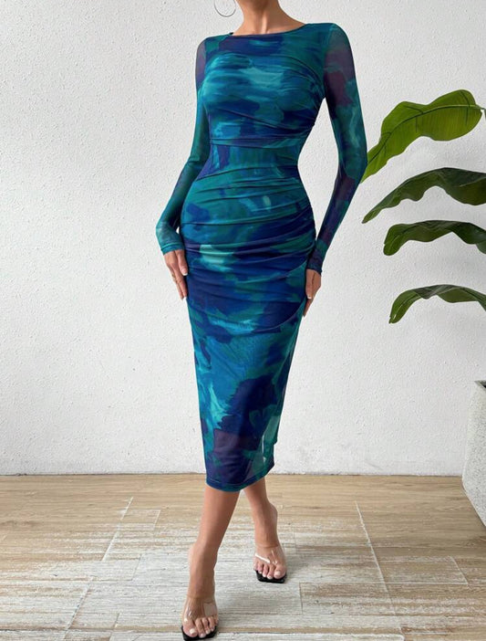Shein Raffnea Round Neck Pleated Tie Dye Dress Maxii Women Outfit (Royal Blue)
