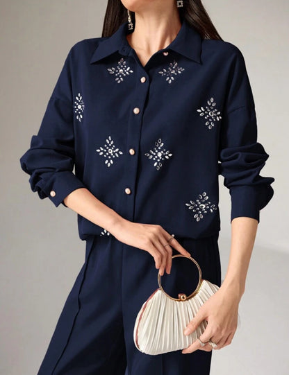 SHEIN Heiryn Womens Snowflake Patteren Rhinestone Décor Top And Pant