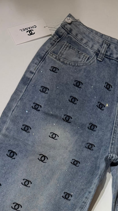 Chan-nel Rhinestone Embellished Jeans-Dupe
