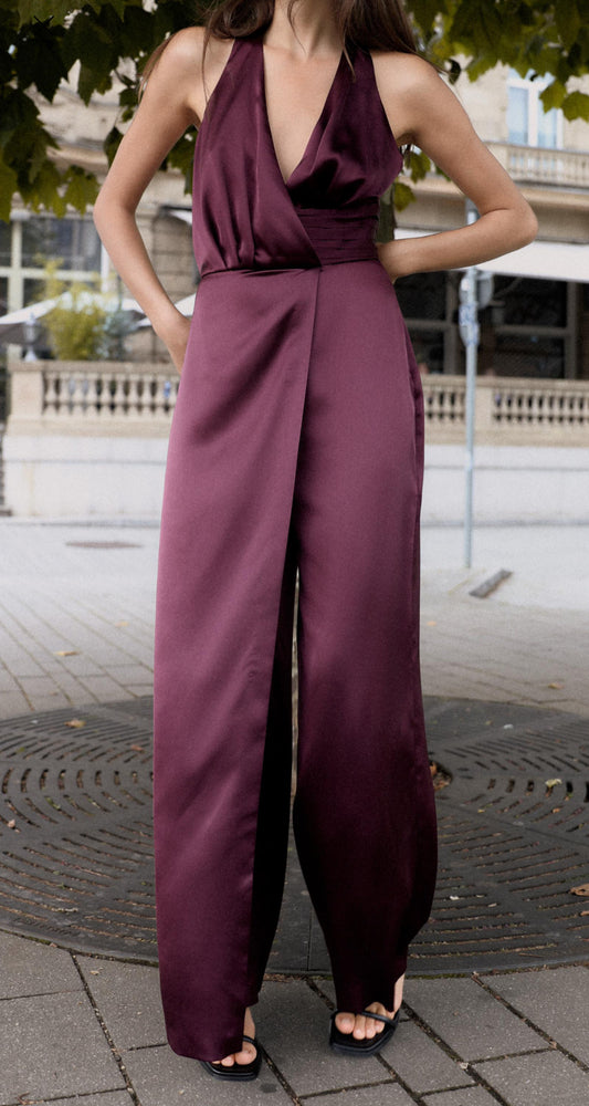 ZARA Halter Gathered Jumpsuit - Aubergine
