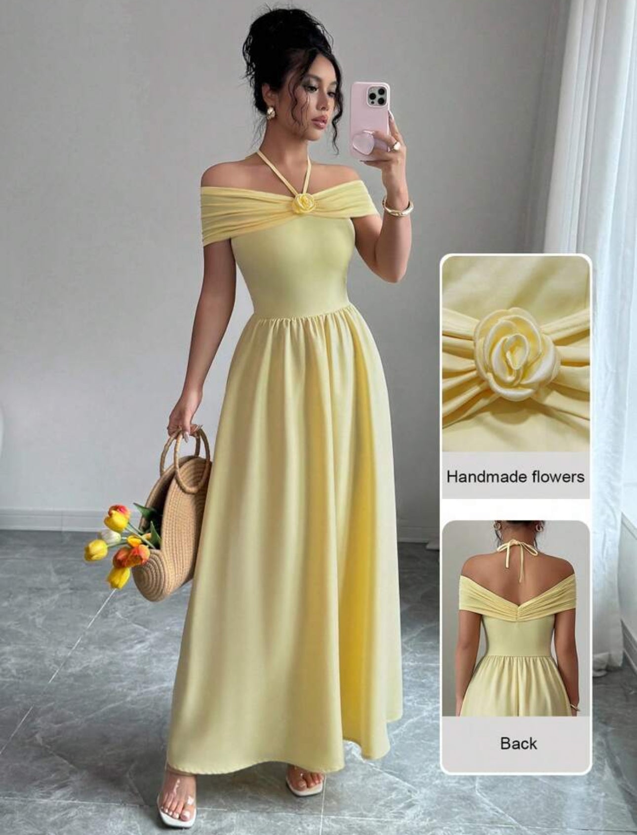 Shein  Modelyn Yellow Spaghatti Floral Décor Dress