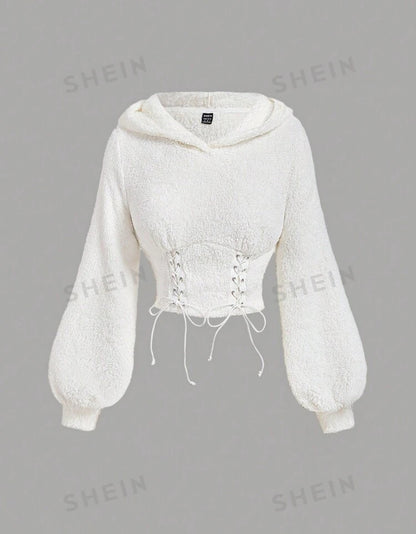 SHEIN Mod Hodded Long Sleeve Tie Waist Design Fleece Sweat Shirt