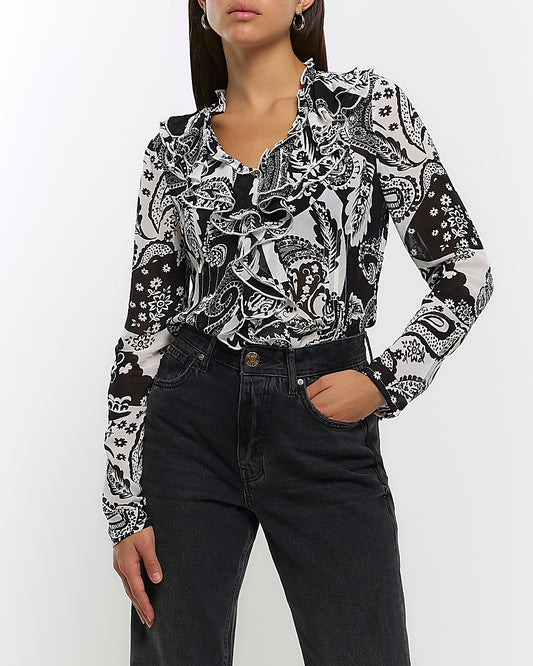 Cream floral frill long sleeve blouse (UK size)