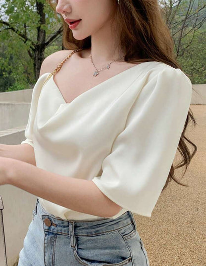 Shein Women Solid Color Draped Neck Pullover Short Sleeve Shirt Too