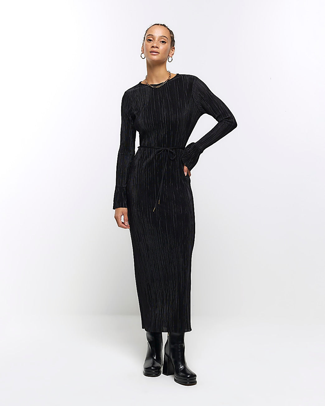 River Island Black plisse tie waist bodycon midi dress (UK size)