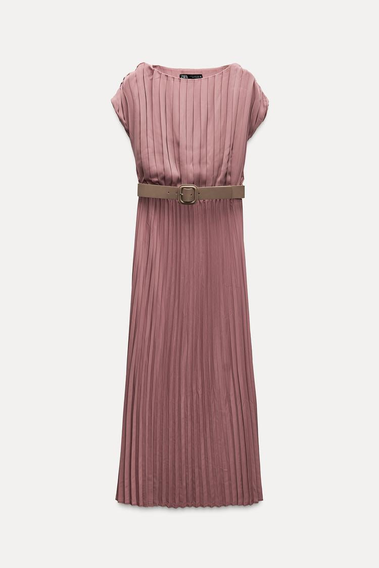 ZARA Pleated Dress With Belt - Marsala