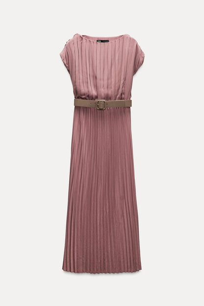 ZARA Pleated Dress With Belt - Marsala