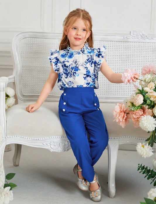 SHEIN Young Girls Floral Print uffle Trim Blouse & Pant Set