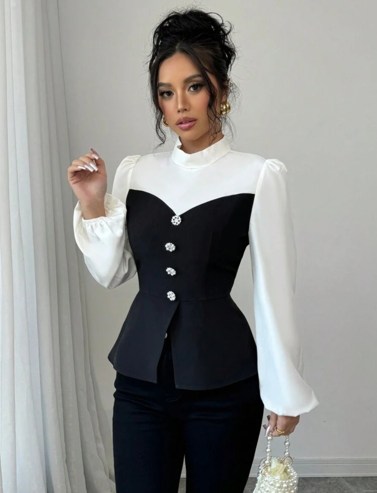 Shein Elenzga Contrast Color Standing Collar  fitted Women Shirt