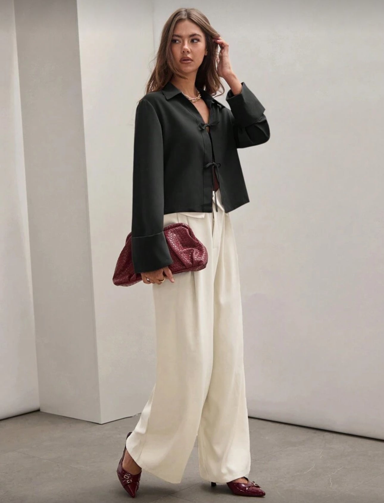 Shein Plian Front Tie Long Sleeve Shirt