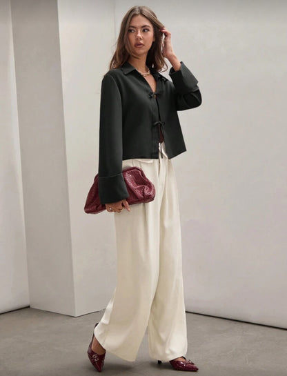 Shein Plian Front Tie Long Sleeve Shirt