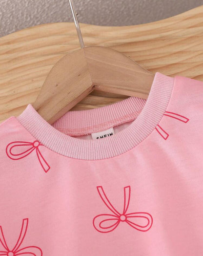 SHEIN Genkmix Kids Baby Girls Pink Bow Décor Sweatshirt & Pant Set