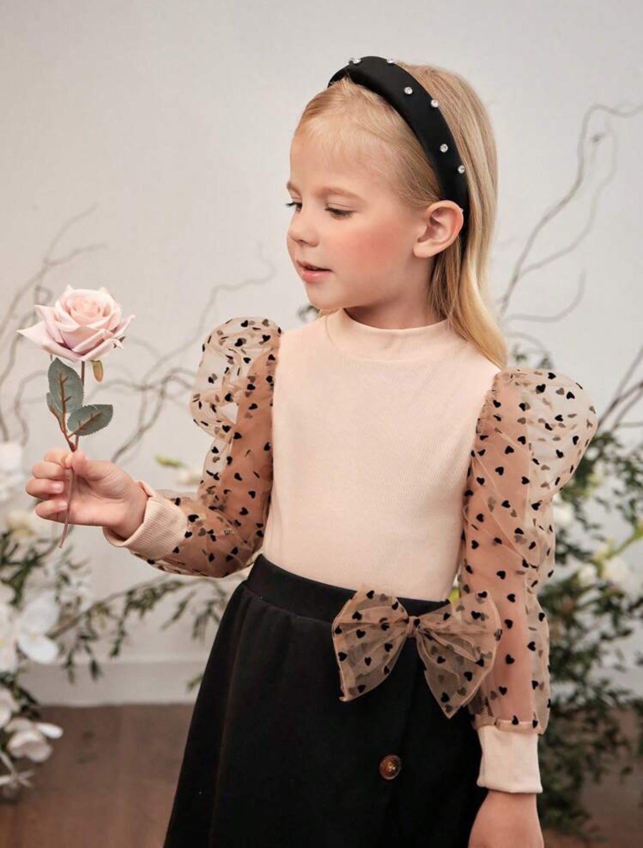 SHEIN Young Girls Contrast Doby Mesh Puff Sleeve Top Multicolor