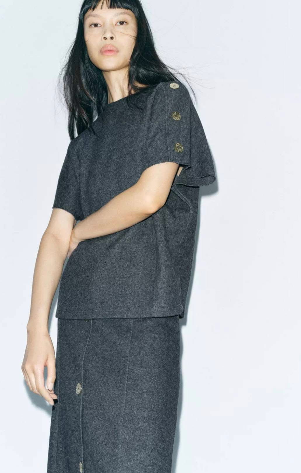 ZARA Soft button Top-Grey Marl