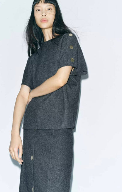 ZARA Soft button Top-Grey Marl