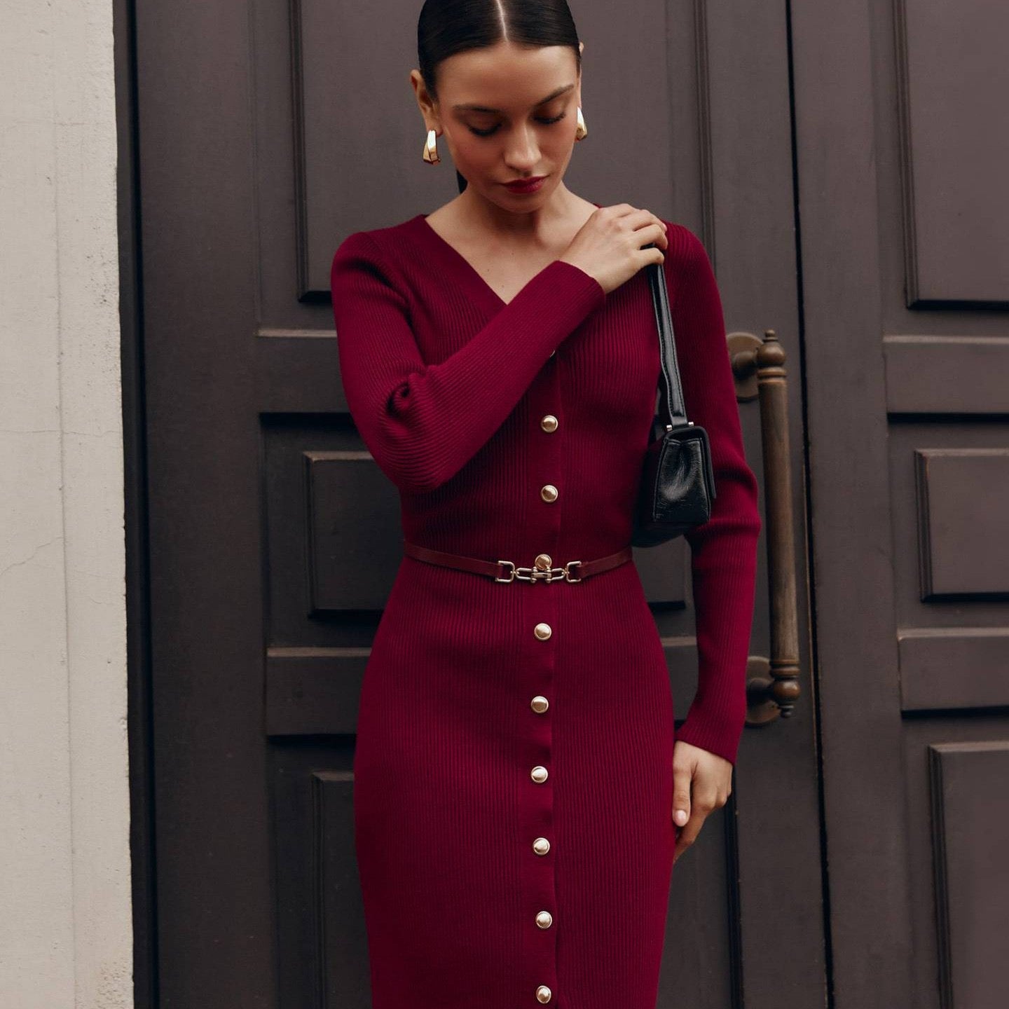 SHEIN Burgundy Knitted Sweater Dress With Belt