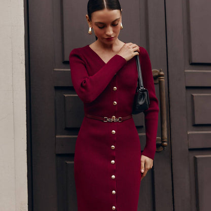 SHEIN Burgundy Knitted Sweater Dress With Belt