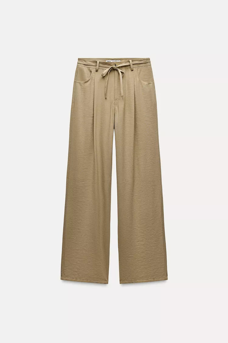 ZARA Wide Leg Trouser With Bow Belt -Dark Camel
