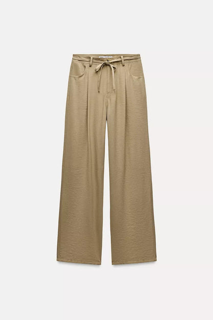 ZARA Wide Leg Trouser With Bow Belt -Dark Camel
