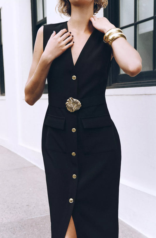 Zara Belted Crepe Midi Dress Black