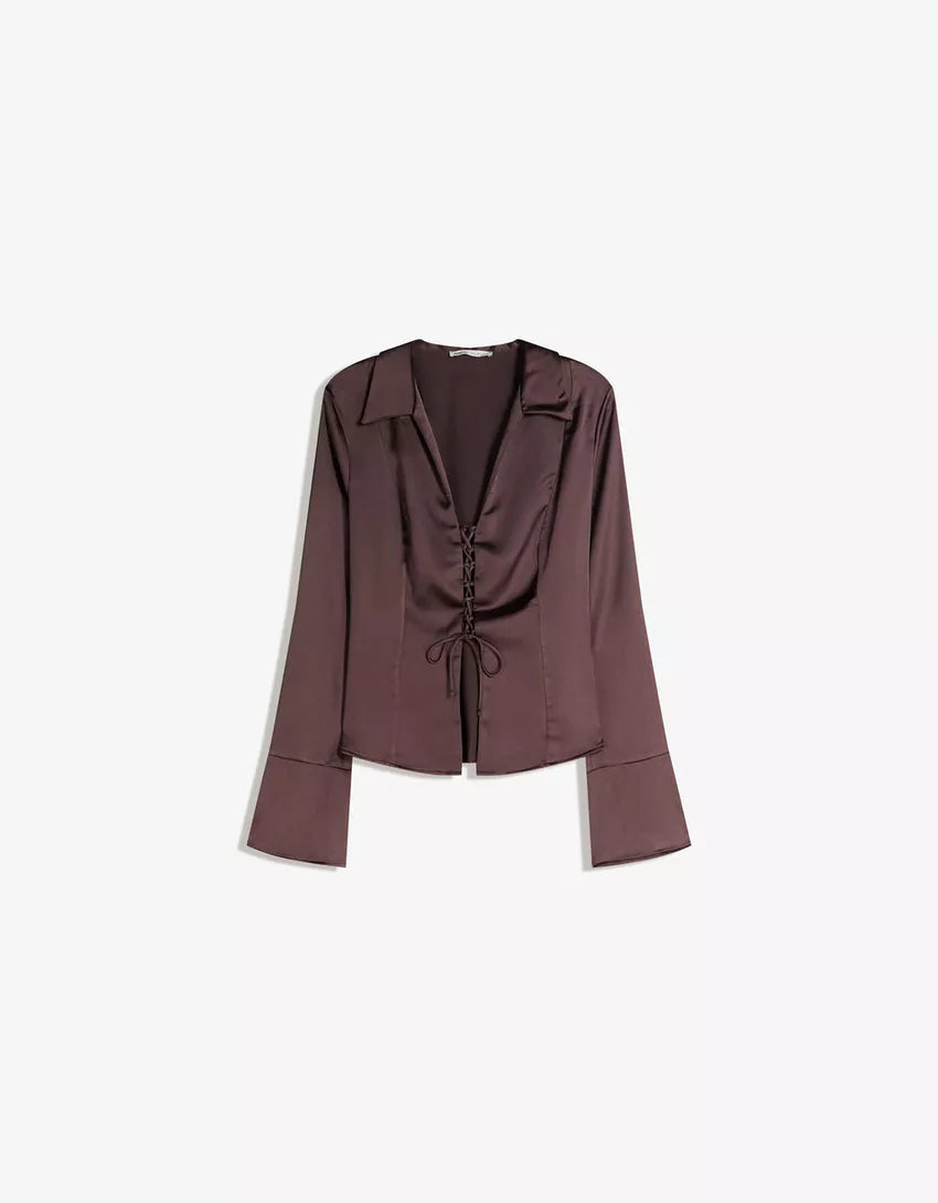 Zara Brown Lace Up Satin Top