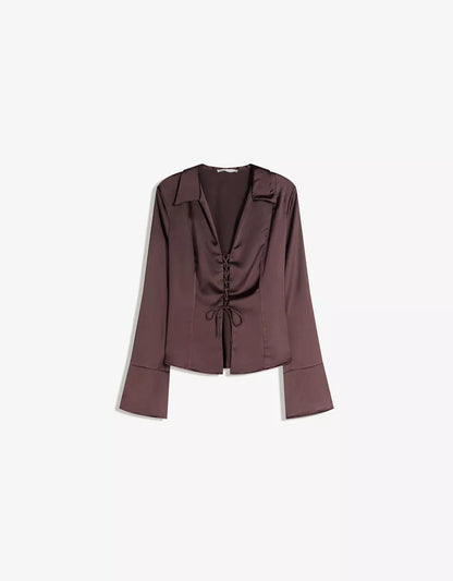 Zara Brown Lace Up Satin Top