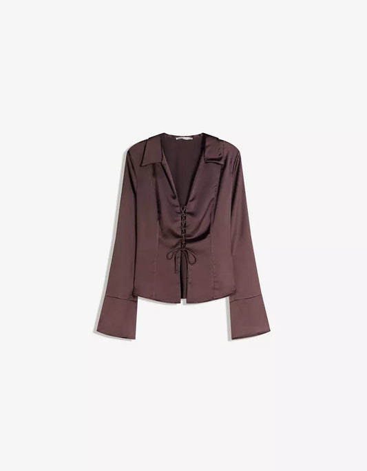 Zara Brown Lace Up Satin Top