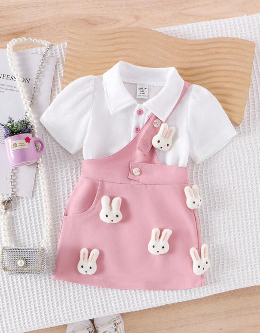 SHEIN Baby Girls White Short Sleeve Tee And Stylish Bib Over