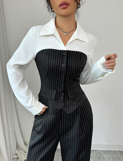 Shein Rafferiza Women Casual Collared Patchwork Striped 2Pcs Outfit
