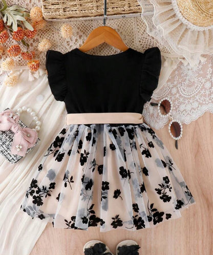 SHEIN Baby Girls Elegent And Sweat Mesh Splicing Dress For Summer