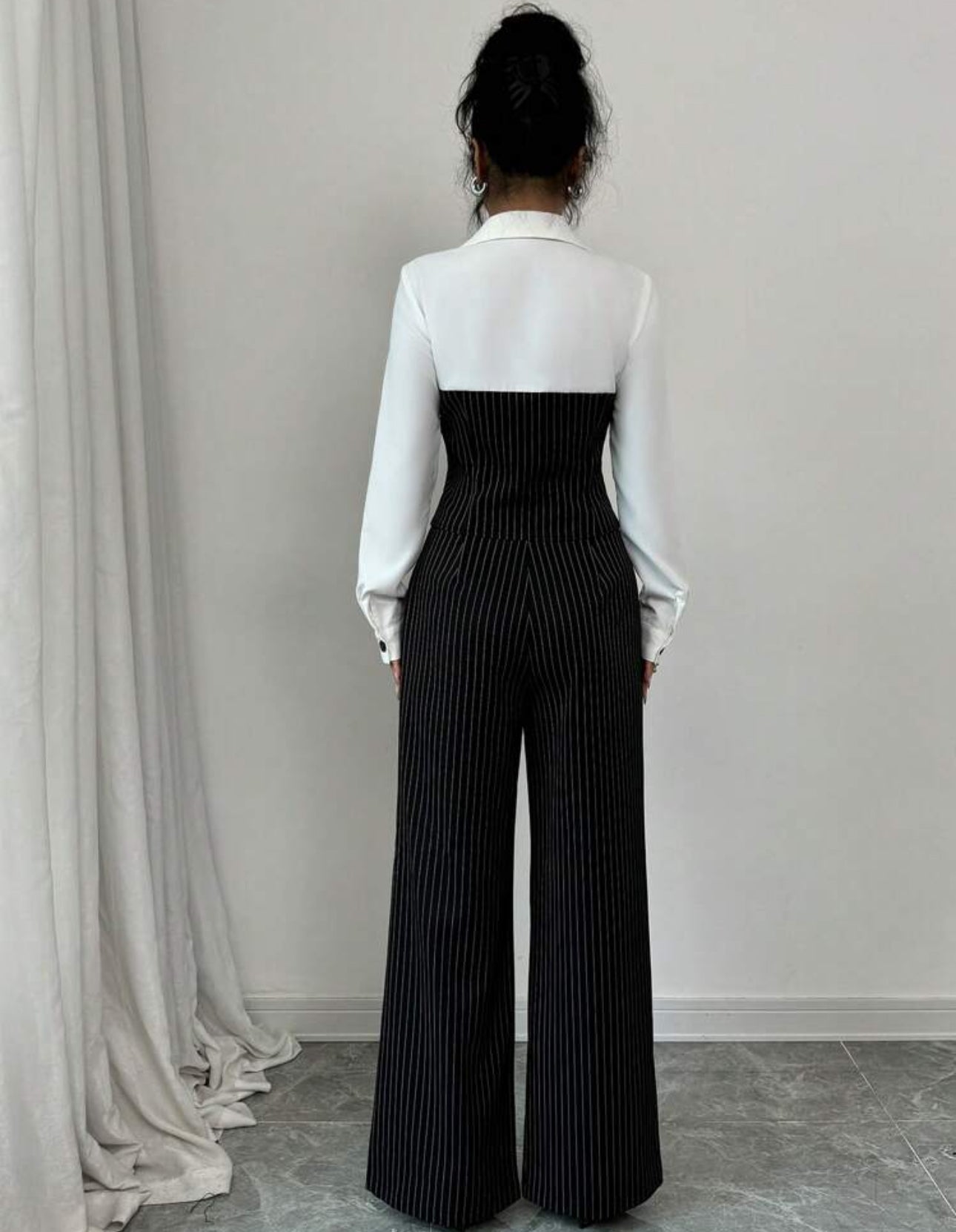 Shein Rafferiza Women Casual Collared Patchwork Striped 2Pcs Outfit