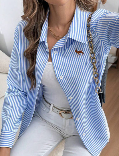 Shein Franclia Embroided Stripe Lapel Long Sleeve Button Down