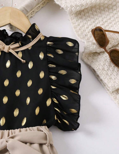 SHEIN Young Girls Gold Print Cap Sleeve Top And Pant Set