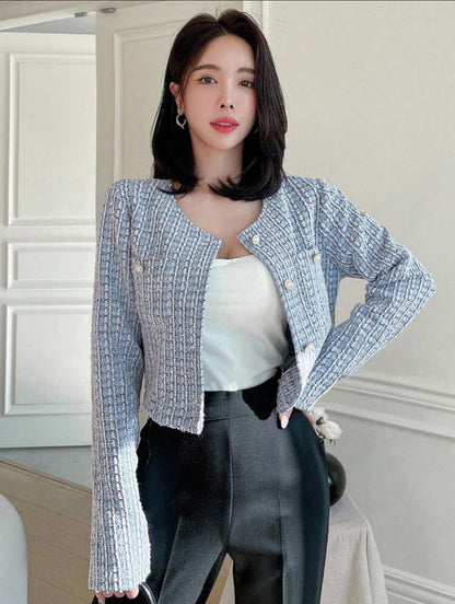 SHEIN Dazy Plaid Patteren Short Round Neckline Open Front Long Sleeve Shirt