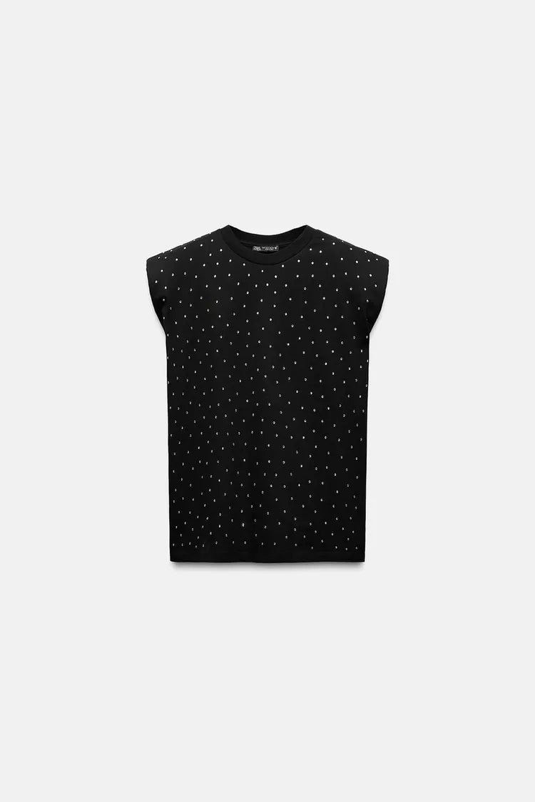 ZARA T-Shirt With Padded Shoulder & Rhinestones -Black
