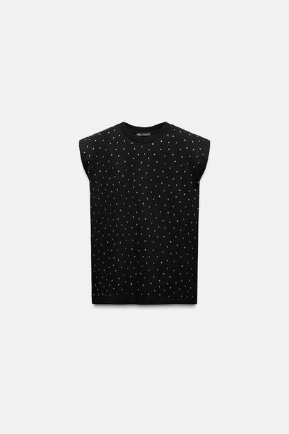 ZARA T-Shirt With Padded Shoulder & Rhinestones -Black
