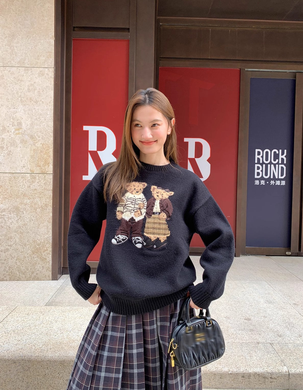 SHEIN Cartoon Bear Embroided loose Sweater -BLACK