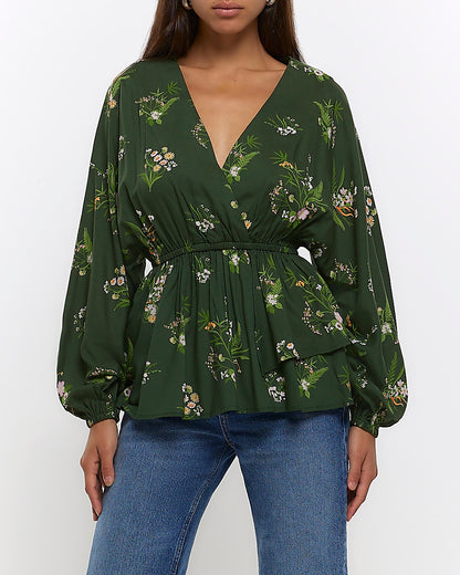 River Island Green floral wrap blouse