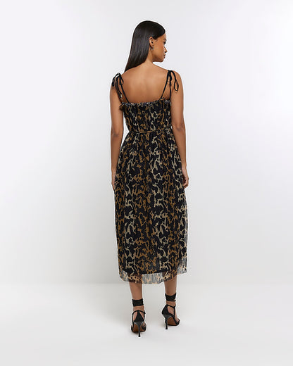River Island Black plisse animal print smock midi dress