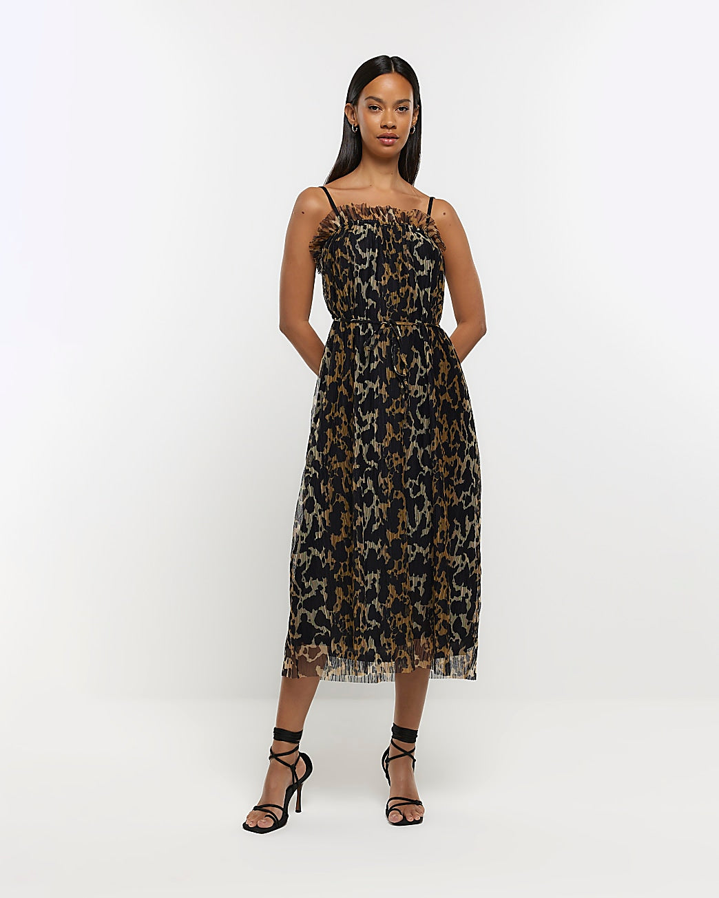 River Island Black plisse animal print smock midi dress