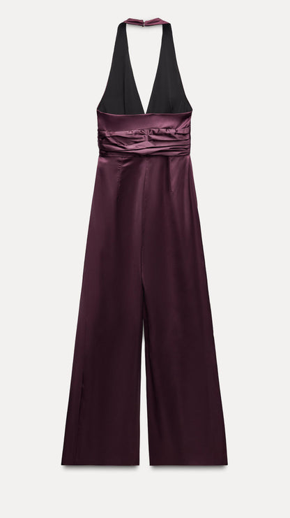 ZARA Halter Gathered Jumpsuit - Aubergine