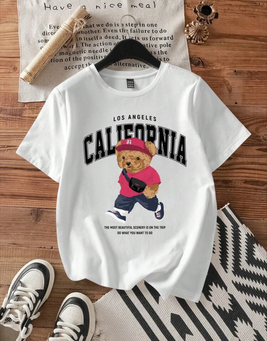 Shein Ez Wear Casual Minimalist Bear Print Round Neck T shirt (White)