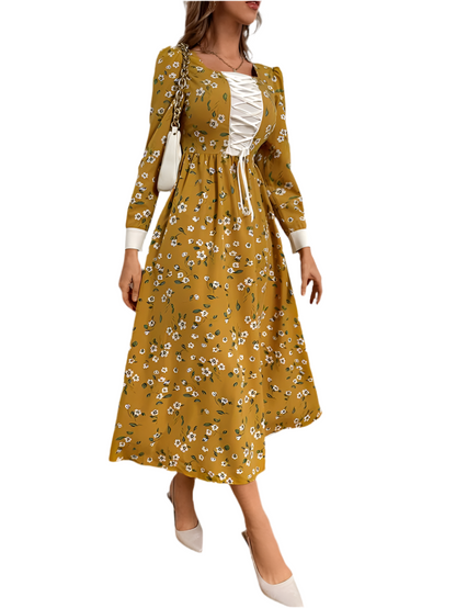 SHEIN Modely Floral Print Lace Up Front Puff Sleeve Dress
